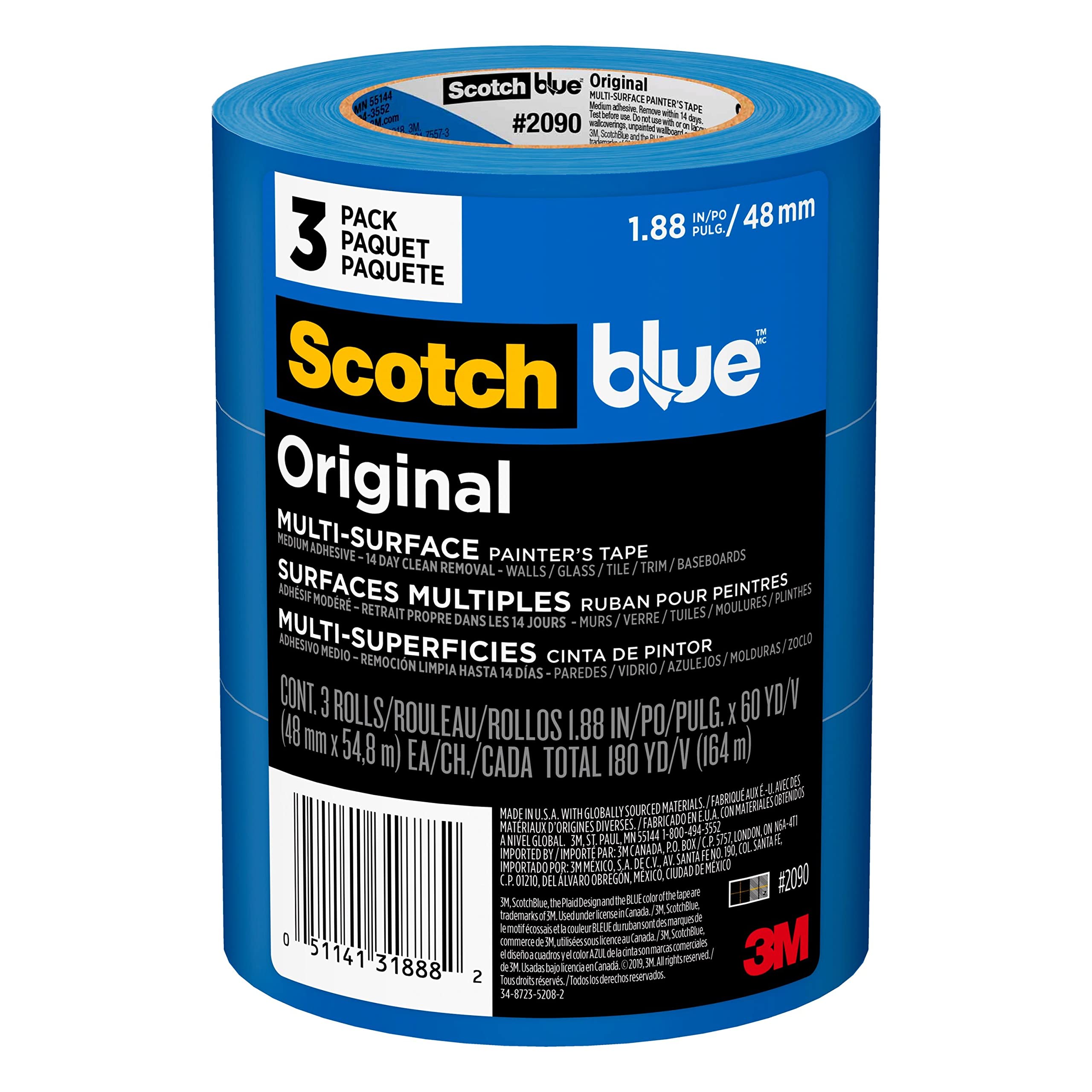 Photo 1 of ScotchBlue Original Multi-Surface Painters Tape, 2 Inch Wide (1.88 In. x 60 Yds), 3 Rolls, Blue Paint Tape Protects Surfaces and Removes Easily, Masking Tape for Indoor and Outdoor Use (2090-48EP3)