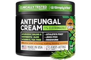 SIMPLYVITAL Antifungal Cream for Athlete's Foot, Ringworm & Jock Itch - Clotrimazole 1% Made in USA - Extra Strength Ring Worm, Jock Itch Cream, Anti Fungal Athletes Foot Treatment for Humans Skin Fungus - 2 oz