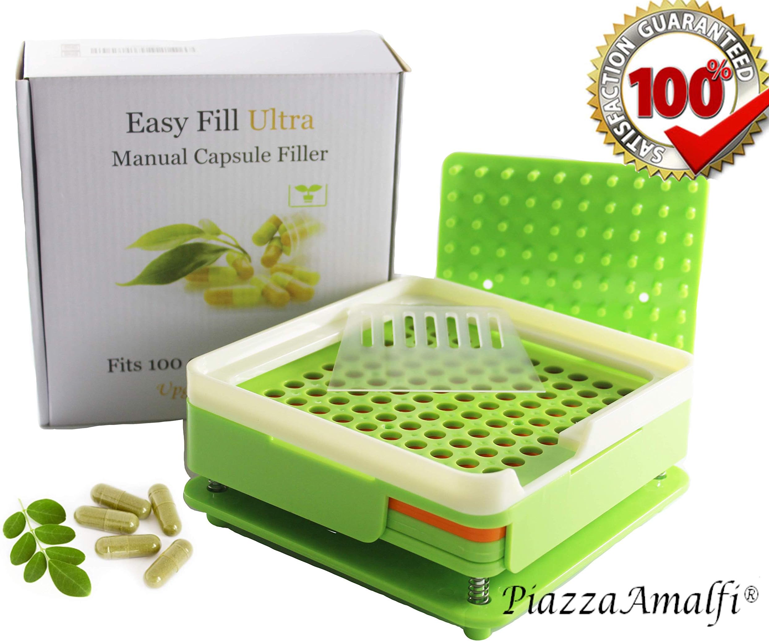 Easy to Use 100 Hole Capsule Filler Tray Size # 00 with Powder Block Plate & Tamper, by Piazza Amalfi [Upgraded Version]