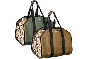Infinicare Firewood Carrier with Handles - 2pcs Heavy Duty Canvas Firewood Bag w/Handle| Durable Wood Carrier for Firewood | Suitable for Indoor Fireplace and Outdoor Camping - Brown & Military Green