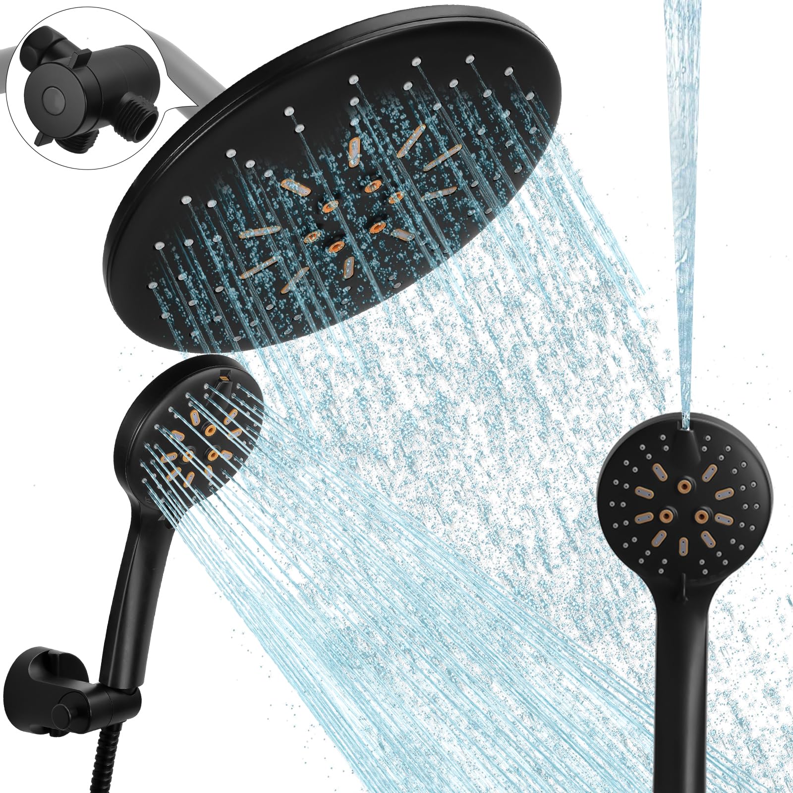 Luxsego Dual Rain Shower Head with Handheld Spray Combo, 8.8 Inch High Pressure Showerheads Built-in Power Wash with 7 Spray Modes & Anti-Clog Nozzles, Easy Install Shower System for Hard Water, Black