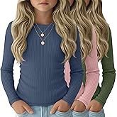 LessonZoo 3 Pack Girls Long Sleeve Shirts Cotton Ribbed Knit Ruched Layer Tops Slim Fit Casual Undershirts Crewneck Tees