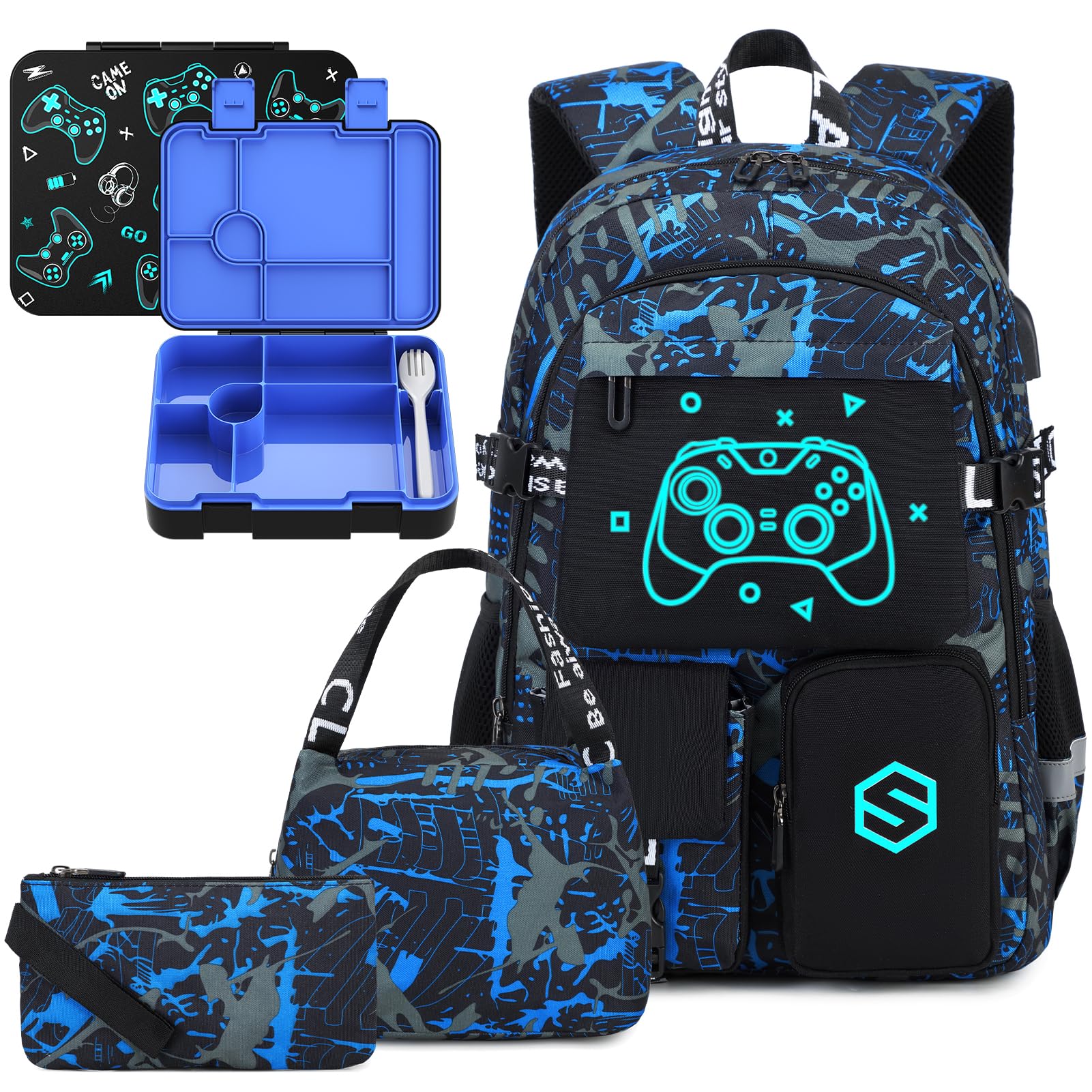 Photo 1 of Scothen Boys Backpack, Cool Luminous Gamer School Backpacks for Boys with Kids Bento Lunch Box Lunch Bag Pencil Case, Kids Backpack Book Bags for Kindergarten Elementary Middle School