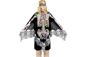BOARDFEB Halloween Skeleton Poncho, Lace Skeleton Halloween Costume Poncho Day of The Dead Poncho for Women