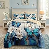 Nesker Comforter Set Queen Size, Dream Blue Butterfly Flowers 7 Pcs Bedding for Kids and Adults, Beautiful Oil Painting Bed Sheet Sets with Fitted Sheet 2 Pillowcases & 2 Shams