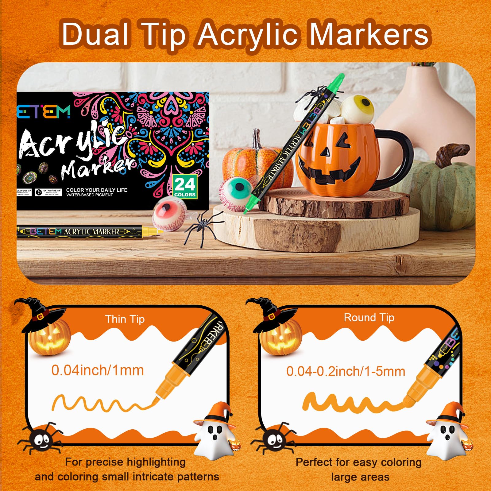 Betem 24 Colors Dual Tip Acrylic Paint Pens Markers, Premium Acrylic Paint Pens for Halloween Decorations, Wood, Canvas, Stone, Rock Painting, Glass, Ceramic Surfaces, Pumpkin Painting Kit DIY Crafts