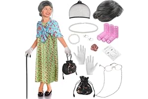 Yingzhao 20 Pcs 100th Day of School Old Lady Costume for Kids Girls Granny Wig Grandma Dress Glasses Cane Necklace(Rustic, S)
