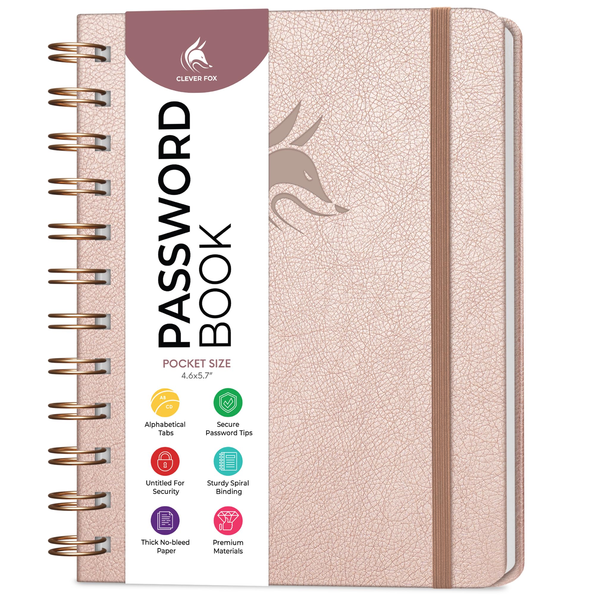 Clever Fox Password Book Spiral – Mini Internet Address Log with Alphabetical Tabs, Small Password Keeper & Organizer - Pocket 12x14cm (Rose Gold)