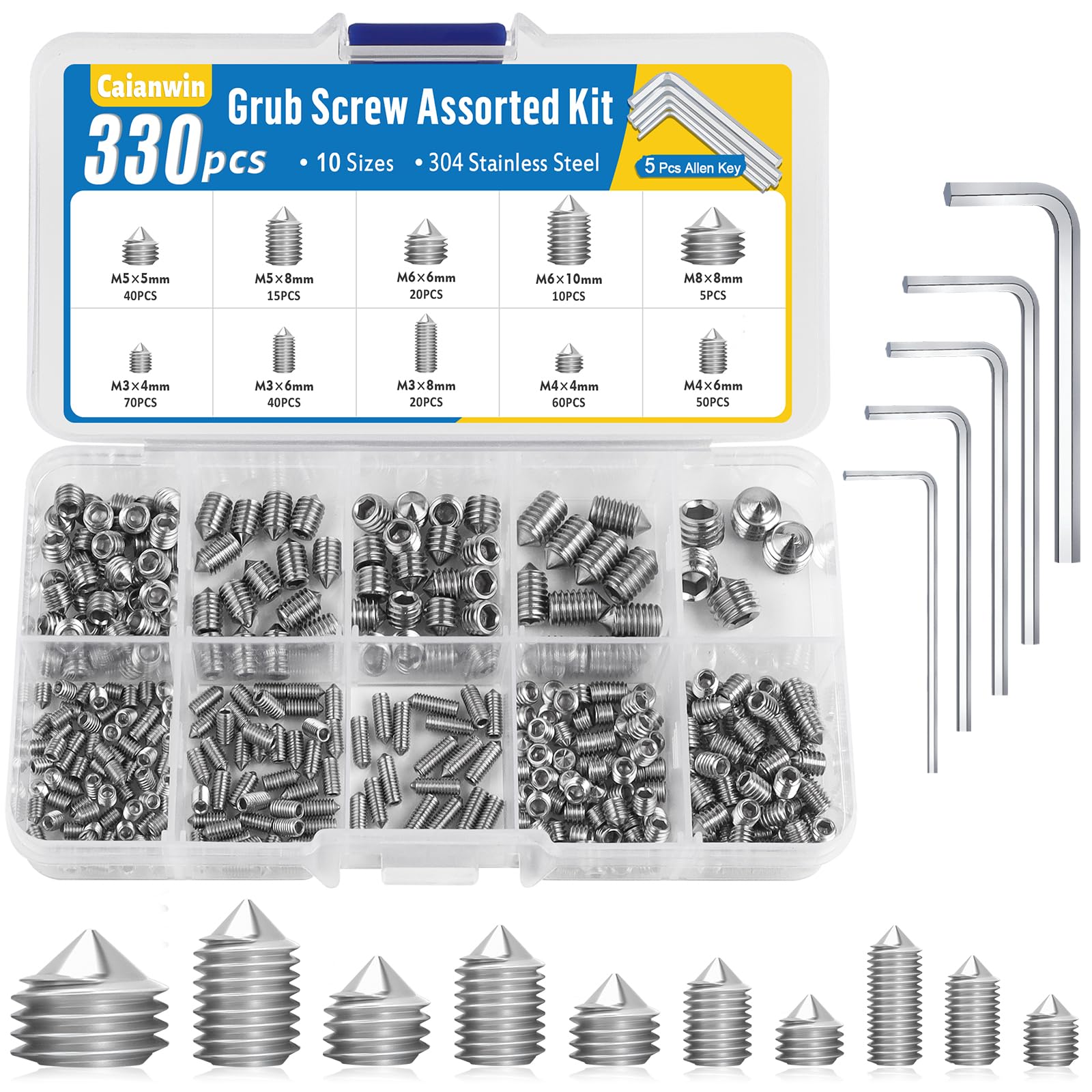 Caianwin 330 Pcs Grub Screws Set Stainless Cup Point Hex Screw Set Metric Screws with Allen Key For Door Handles,Faucet,Light