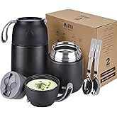 MAXSO 2 Pack Soup Thermo for Hot & Cold Food for Kids Adults, Vacuum Insulated Food Jar Thermal Lunch Containers, Travel Food Flask with Spoon (24 oz,17 oz) (Black)