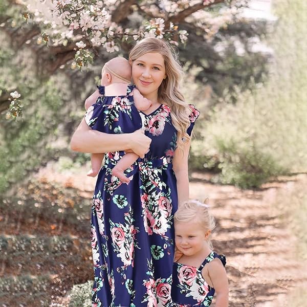 FOCAMIA PINK V NECK RUFFLE SHORT-SLEEVE SPLICING BUTTERFLY AND FLORAL PRINT DRESS FOR MOMMY AND ME(BLUE,6-9 MONTHS)