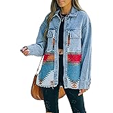 HangNiFang Aztec Denim Jacket Shacket for Women Button Down Vintage Distressed Blue Jean Jacket