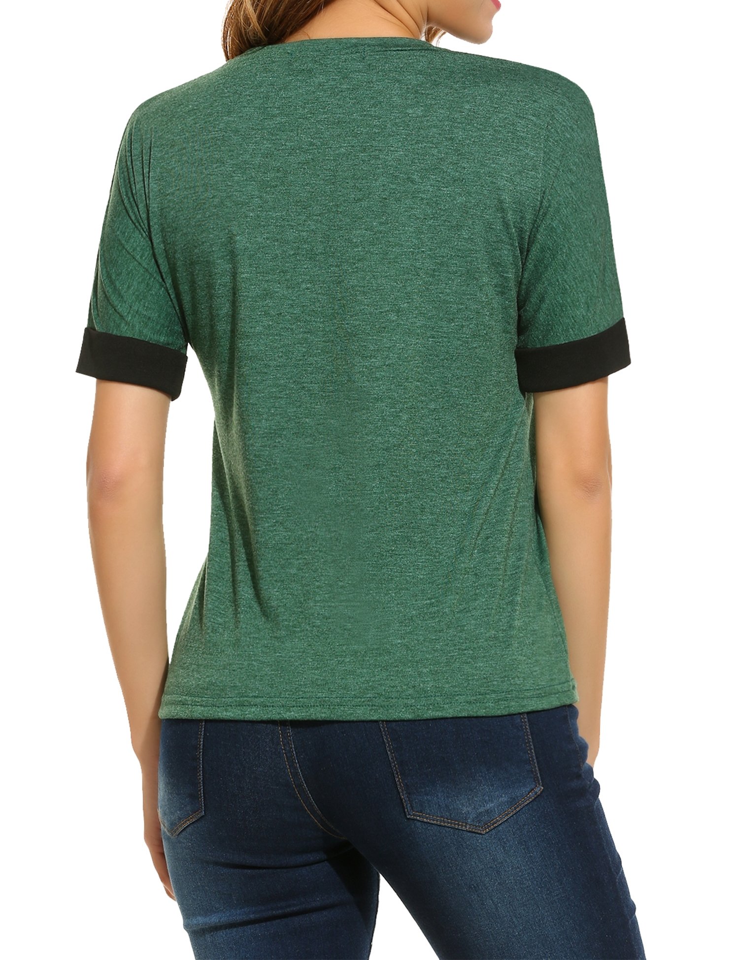 Meaneor Women\'s Casual Scoop Neck Roll Over Short Sleeve Solid Loose T-Shirt Blouse Green 2 S