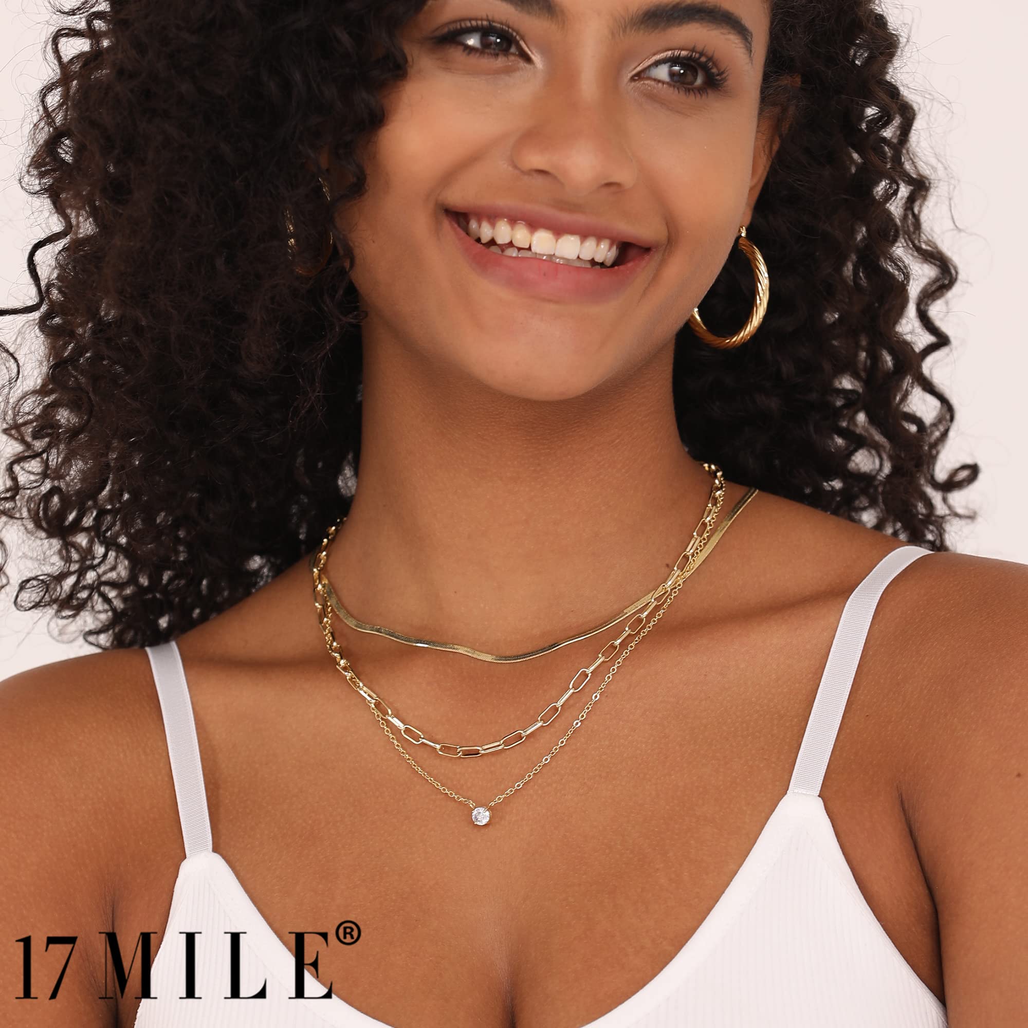 17 MILE Gold Layered Choker Necklace for Women, 14K Real Gold Plated CZ Pendant Necklace, Dainty Flat Snake Chain Layering Necklace for Gift