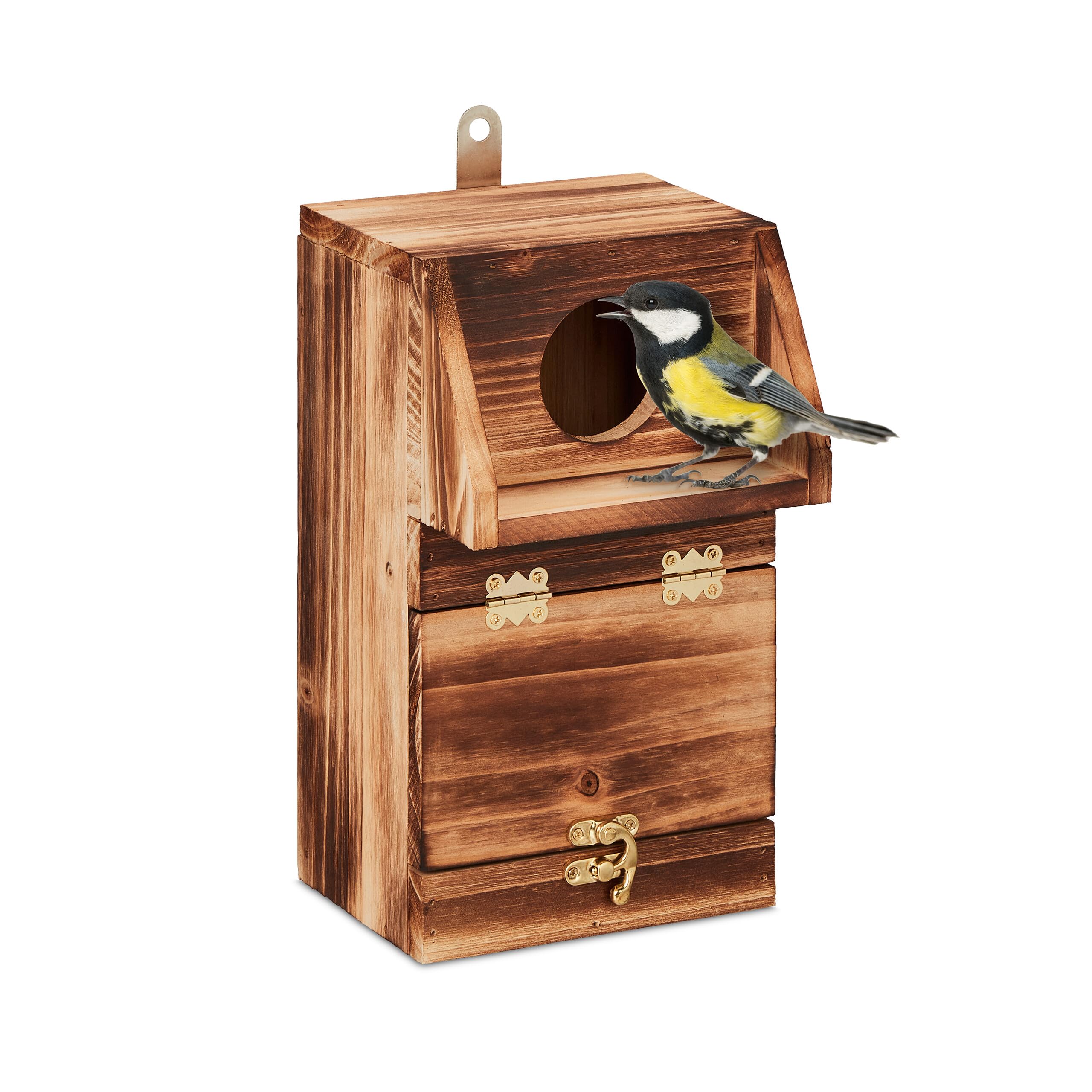 Relaxdays Nesting Box, for Sparrows & Redstarts, Cleaning Flap, 24.5 x 14 x 14 cm, Birdhouse to Hang Up, Wood, Natural