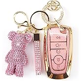 Rayslesan Cute Key Fob Cover with Rhinestone Bear Charm, TPU Smart Key Case for Women, Compatible with Ford Fusion Mustang Ranger Explorer Expedition Lincoln Aviator Corsair (5-Button, Gold Pink)