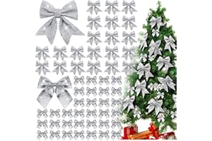 Yuxung 60 Pieces Christmas Tree Bows Christmas Ribbon Bow Decoration Glitter Sequin Wreath Bows for Xmas Tree Gift Wrapping Wedding DIY Crafts Xmas Hanging Decor, 2 Styles(Silver)