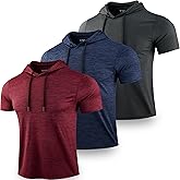 3 Pack: Men's Lightweight Short Sleeve Workout Hoodies, Athletic Dry Fit Hooded T Shirts for Gym Running