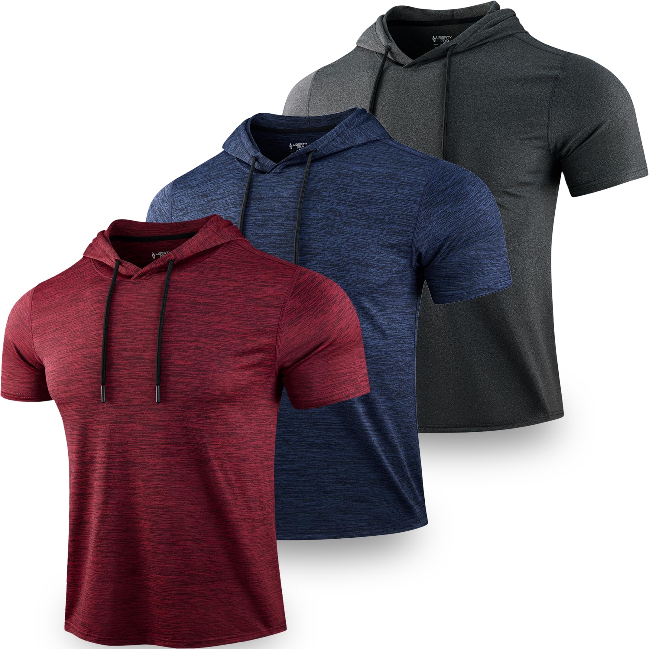 Photo 1 of 3 Pack: Men's Lightweight Short Sleeve Workout Hoodies, Athletic Dry Fit Hooded T Shirts for Gym Running (Set 3, Large)