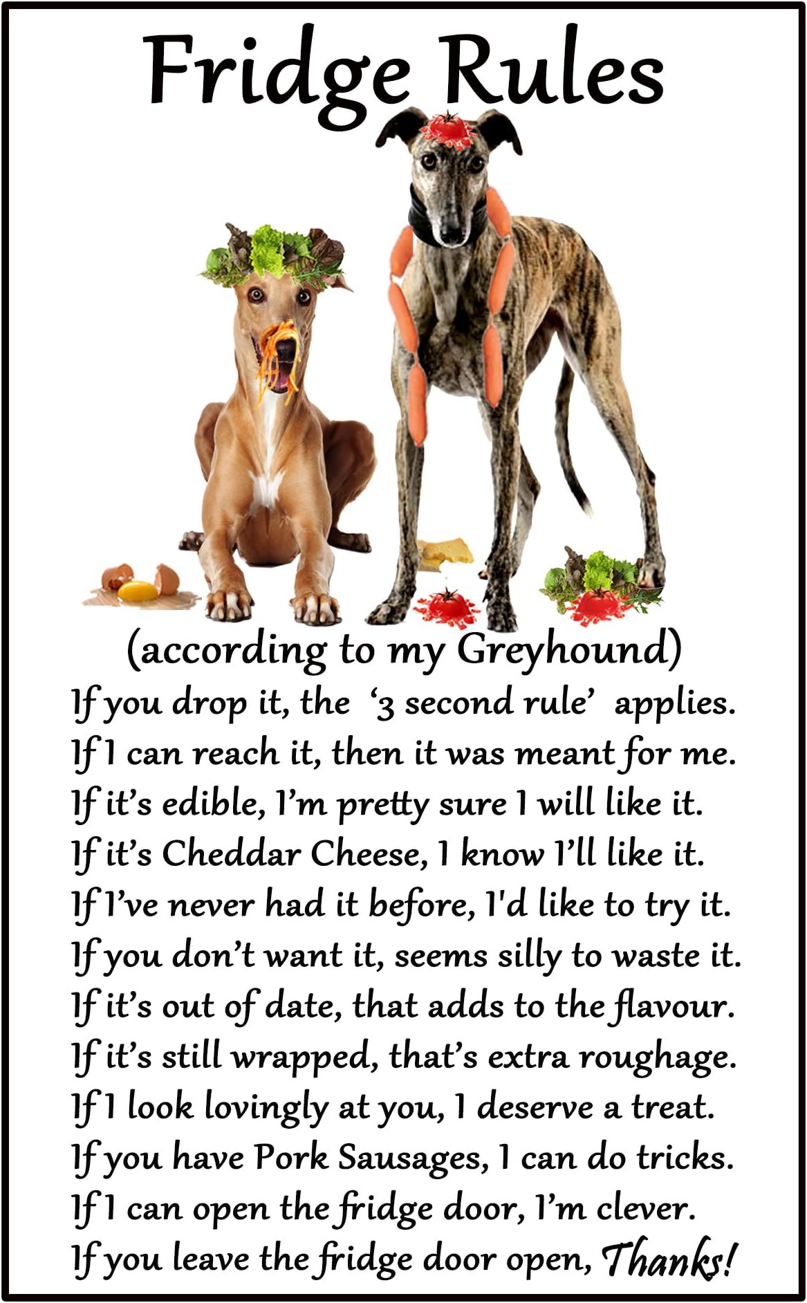 Greyhound Dog Gift - Fridge Rules - Large flexible Fun Fridge Magnet- size 16cms x 10 cms (approx. 6" x4")