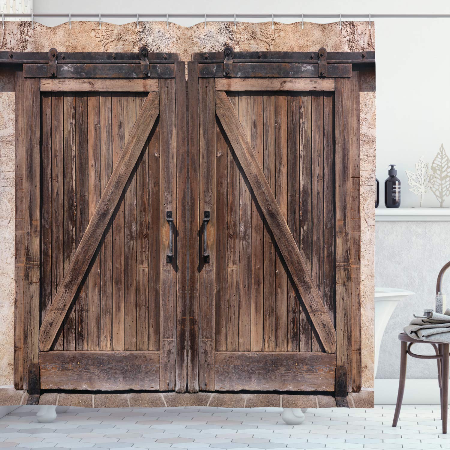 ABAKUHAUS Rustic Shower Curtain, Wooden Barn Door in Stone Farmhouse Image Vintage Desgin Rural Art Architecture Print, Cloth Fabric Bathroom Decor Set with Hooks, 70 Inches, Beige