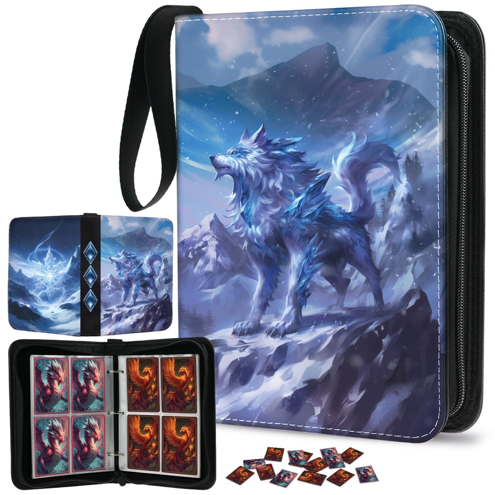Trading Card Binder 4-Pocket Holds 400 Cards with 50 Removable Sleeves, Zipper PU Leather Collector Album Portable Card Holder with Wrist Strap, Gift for Boys Girls Kids Friends (Glacial Alpha) — image 1