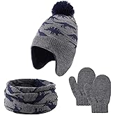 Zsedrut Dinosaur Winter Baby Beanie Hat Glove Set Fleece Lined Kids Boys Hat Knit Pompom Bonnet for Toddler Boys