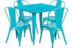 EMMA + OLIVER Commercial Square Crystal Teal-Blue Metal Indoor-Outdoor Set-4 Stack Chairs