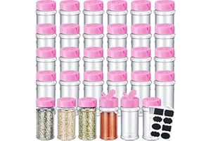 Eccliy 36 Pack 3 oz Clear Plastic Spice Jars with Label and Shaker Lids Empty Spice Bottles Seasoning Containers Seasoning Jars Shaker Condiment Pots for Pepper Herbs Powders (Pink)