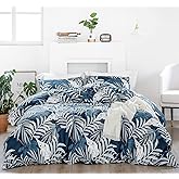YuHeGuoJi Blue Tropical Duvet Cover Queen 100% Cotton 3 Pcs Set 1 Hawaiian Botanical Duvet Cover with Zipper Ties 2 Pillowcases Modern Farmhouse Coastal White Palm Leaves Bedding Set Soft
