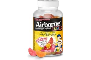 Airborne Vitamin C 500mg (per Serving) - Assorted Fruit Flavored Kids Gummies (63 Count in a Bottle), Gluten-Free Immune Support Supplement with Vitamins C E, Selenium