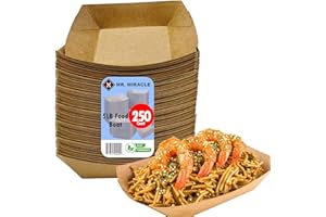 MR MIRACLE Paper Food Trays, Kraft Paper. Extra Large (5LB). 250 Pack, Disposable, Recyclable Serving Boats.for Condiments, Snacks & Concession Food, Grease Ressistant