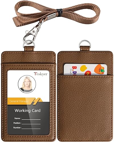 Teskyer Badge Holder with Lanyard, Leather ID Name Badge Card Holder ...