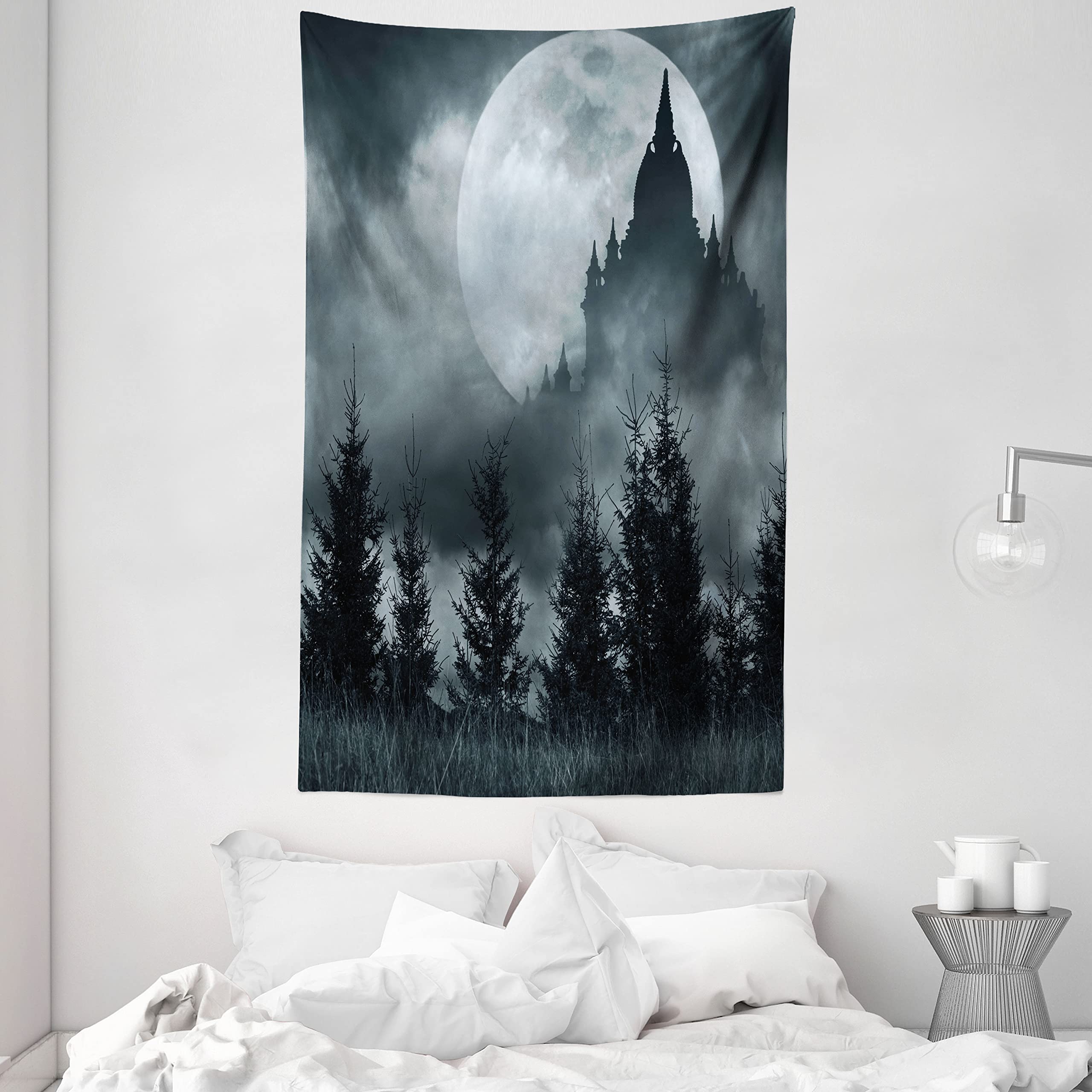 ABAKUHAUS Halloween Tapestry, Magic Castle Silhouette over Full Moon Night Fantasy Landscape Scary Forest, Fabric Wall Hanging Decor for Bedroom Living Room Dorm, 54 W X 90 L, Grey Pale Grey