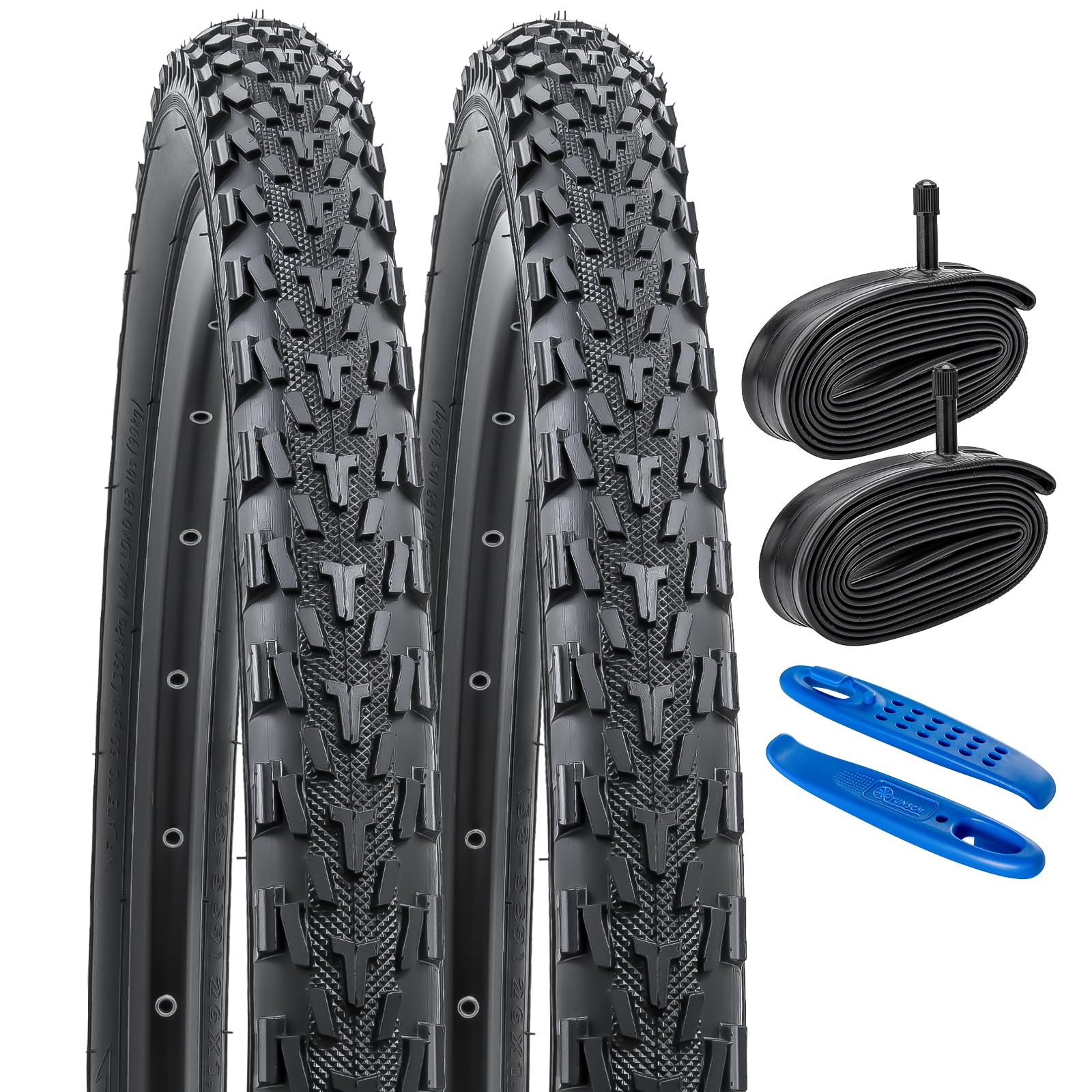 YunSCM 2Pcs Foldable 26 inch Bike Tyres 26x1.95 Tires 53-559 and 2Pcs 26 Heavy Duty Bike Tubes AV32mm Schrader Valve, Compatible with 50-559 26x1.90 26x1.95 26x2.0 Road/MTB Bike Tyres and Tubes