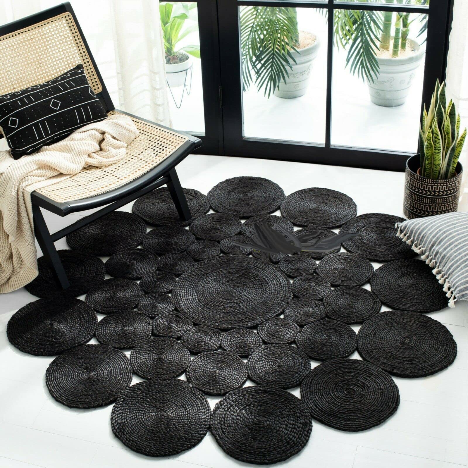 Avgari Creation Circle Design Round Natural Jute Handmade Braided Area Rug Living room, Kitchen, Indoor Outdoor Carpet Rug (60x60 CM (2X2 Square Feet), Black)