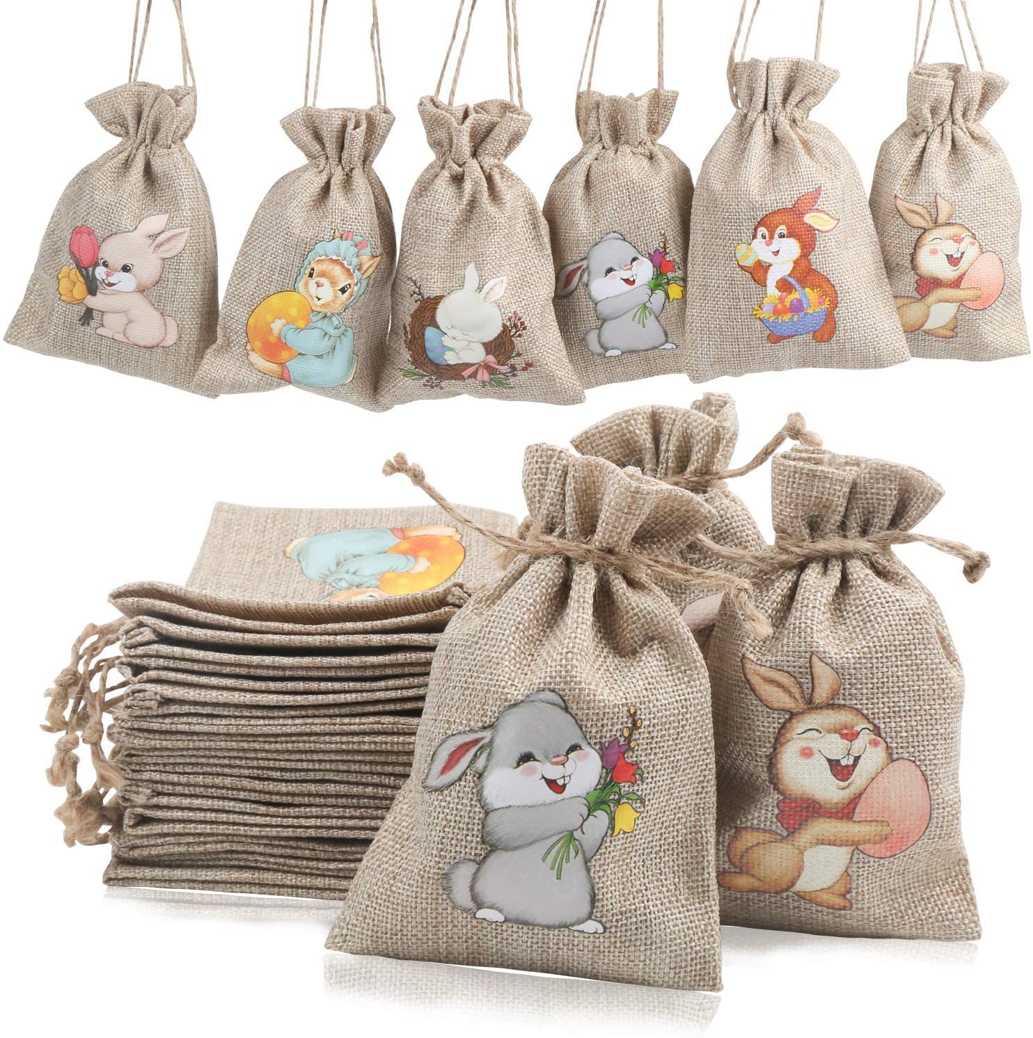 LOKIPA 12 Easter Jute Burlap Drawstring Bags, Small Easter Sweet Gift Bags for Kids Party Favor