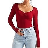 SUUKSESS Women Sweetheart V Neck Long Sleeve Tops Lace Trim Ribbed Modal Fall Going Out Shirts