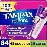 Tampax Radiant Tampons for Women Multipack, with LeakGuard Braid, Regular/Super Absorbency, Unscented, 84 Count (3 Packs of 28), Packaging May Vary