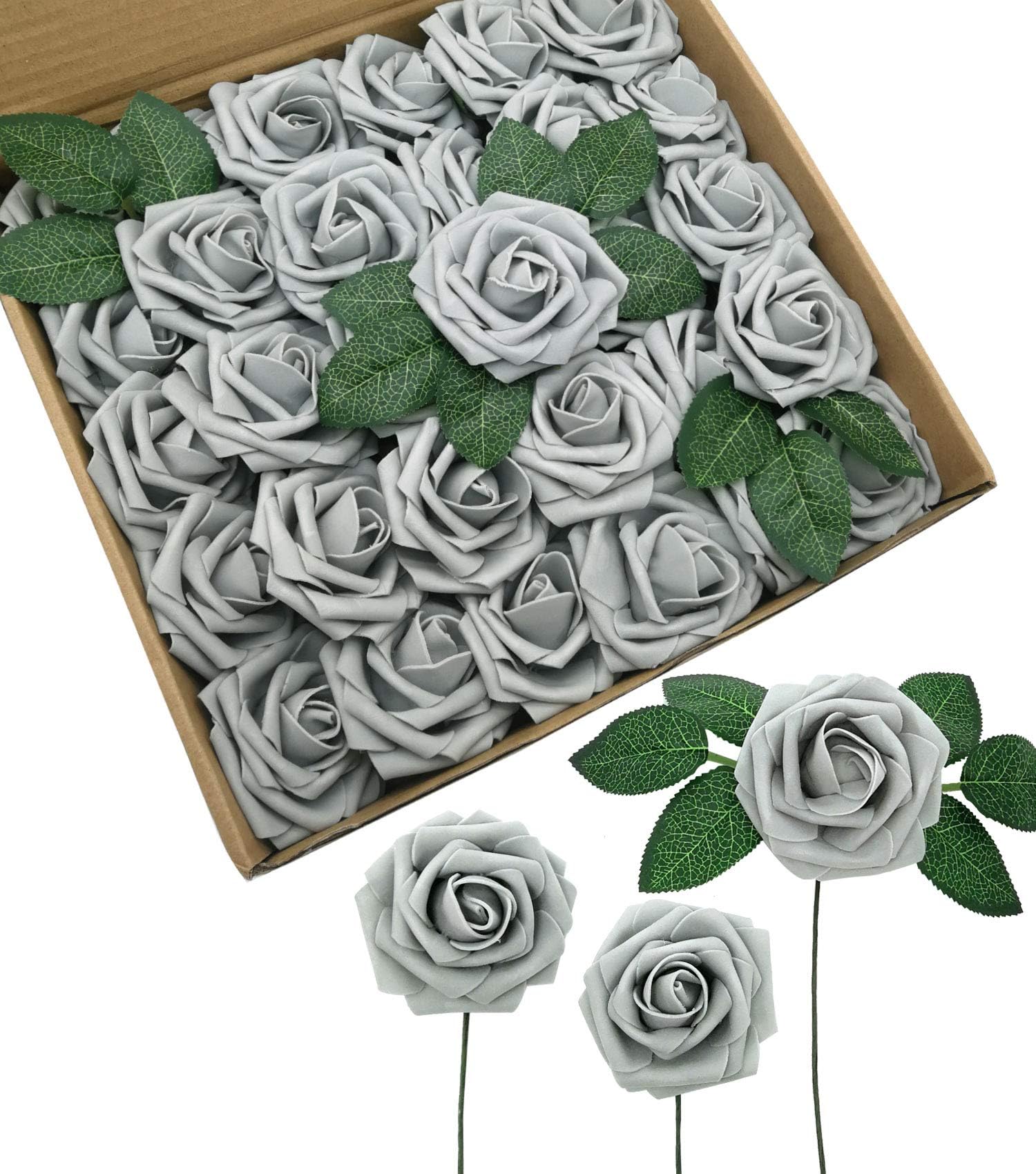 D-Seven Artificial Flowers Fake Roses Wedding Centerpieces Arrangements 30PCS Real Looking Roses with Stem for DIY Wedding Bridal Bouquets Baby Shower Party Home Office Hotel Decorations(Gray)