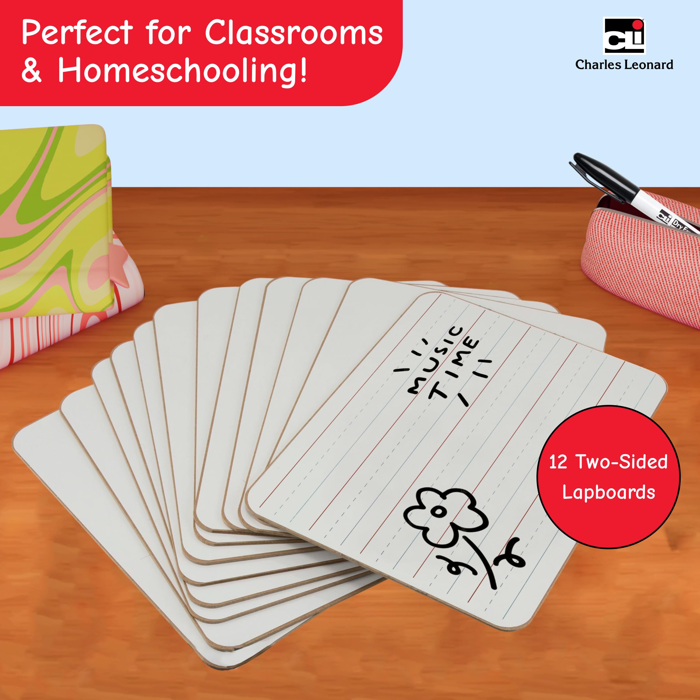 Charles Leonard Dry Erase Board Classroom Pack - Mini Lapboard School Supplies – Set of 12 Two-Sided Plain/Lined Dry Erasable White Boards, 9x12 Inches (35120)