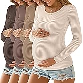 Oakgarden 4 Pack Women's Ribbed Maternity Shirts, Scoop Neck Long Sleeve Knit Pregnancy Tops Slim Basic Tee Clothes