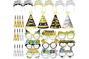 HOWAF 44pcs New Years Eve Party Supplies 2026, Happy New Years Decorations NYE Party Favors New Year Headband Glasses New Year Hats Fringed Noisemaker for New Year's Eve Party Decoration