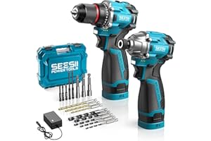 SEESII Cordless Drill Impact Driver 16.8V Brushless Power Tool Combo Kits 2x 2.0Ah Batteries w/Charger, 16-Pc Bits, Tool Bag, 3/8'' Drill & 1/4'' Impact Driver for Home DIY, Woodworking (Blue)