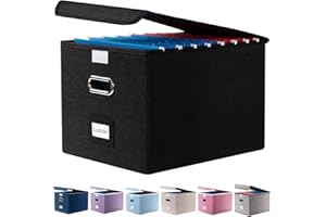 PRANDOM File Organizer Box - Set of 1 Collapsible Decorative Linen Filing Storage Hanging File Folders with Lids Office Cabinet Letter Size Black (15x12.2x10.75 inch)