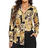 HOTEVE Wrinkle-Resistant Button Down Shirts for Women Silky Dressy Floral Printed Long Sleeve Blouse Business Casual Work Top
