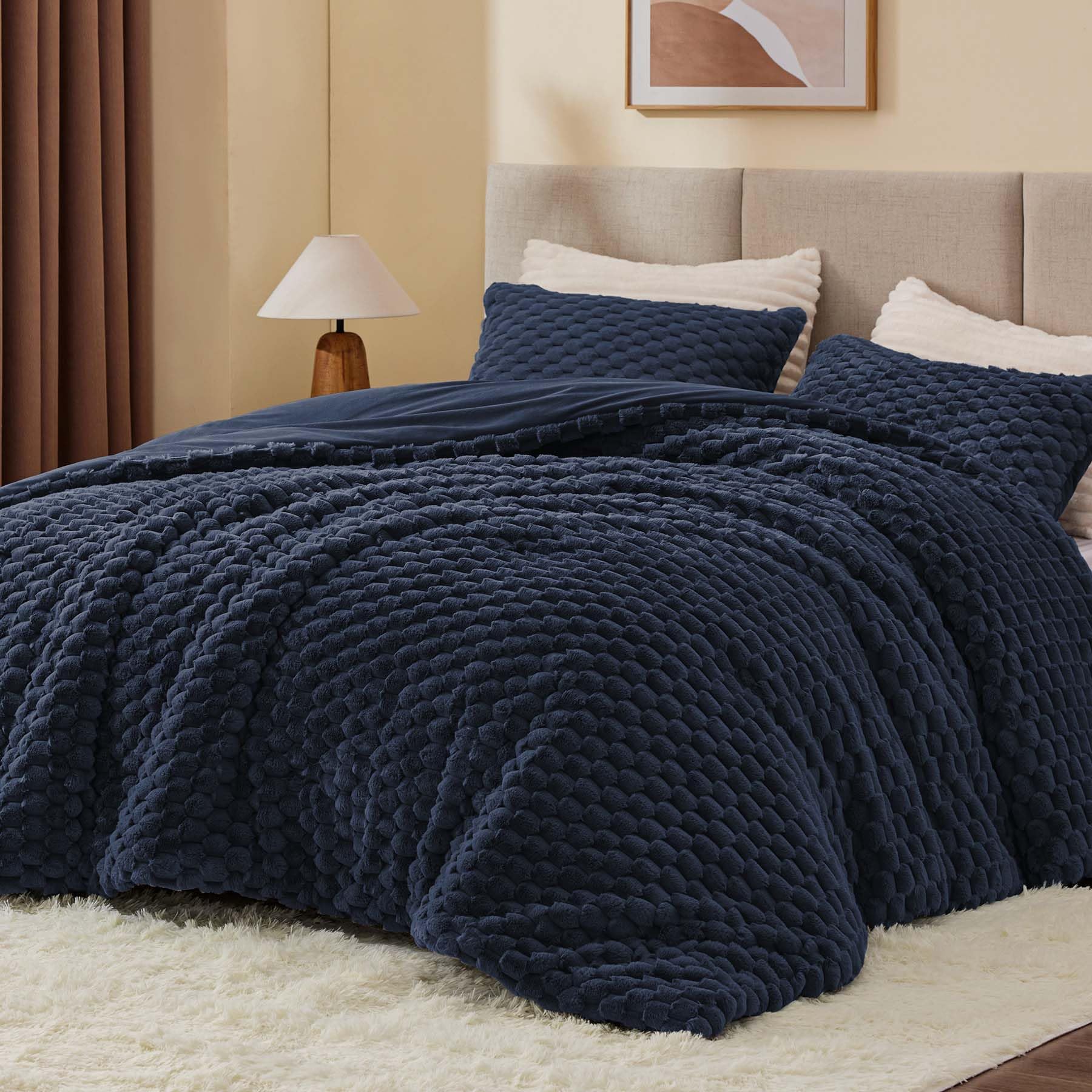 Photo 1 of BEDELITE Fluffy King Size Comforter Set - Navy Blue Fleece Soft Comforter for King Size Bed, Luxury Warm Bedding Set for Winter, Fuzzy Bed Set 3 Pieces (1 Comforter, 2 Pillowcases)