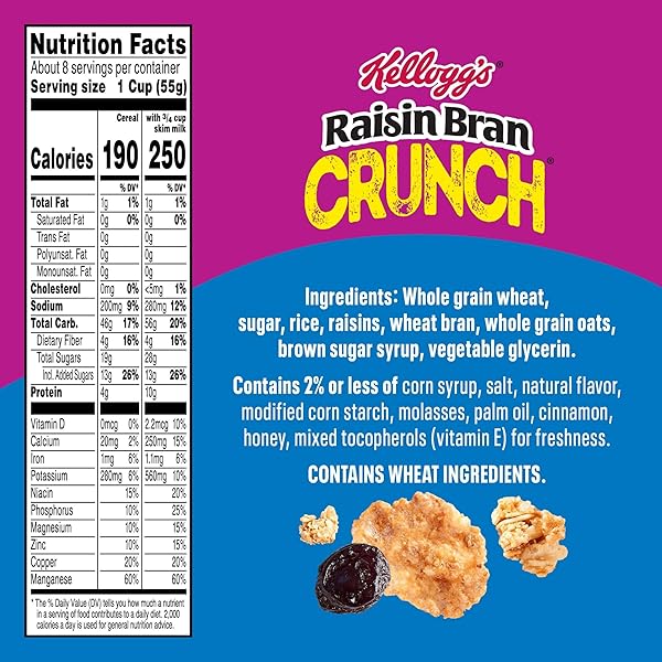 KELLOGG’S RAISIN BRAN CRUNCH BREAKFAST CEREAL, FIBER CEREAL, FAMILY BREAKFAST, GIANT SIZE, 24.5OZ BOX (1 BOX)