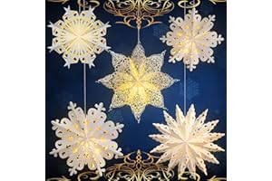 Mudder 5 Pieces Christmas Snowflake Paper Lantern with 7 Light up Star Paper 3D Hanging Lantern Lamp Party Decoration for Weddings Holiday Xmas Trees(Cute Style,White)