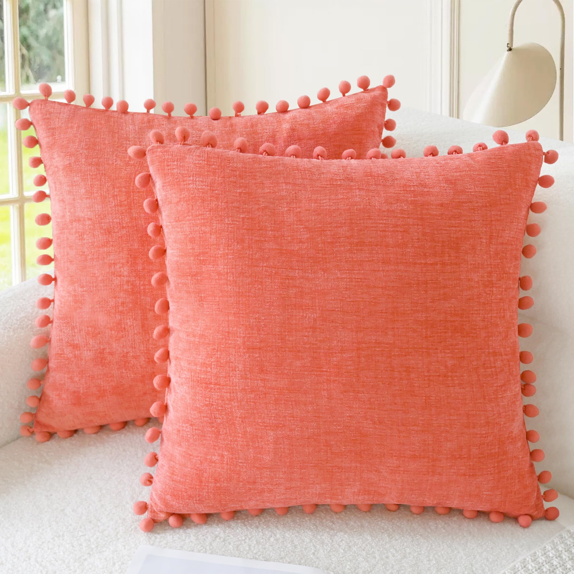 CaliTime Throw Pillow Cases Pack of 2 Cozy Solid Dyed Soft Chenille Cushion Covers with Pom Poms for Couch Sofa Home Decoration 45cm x 45cm Living Coral
